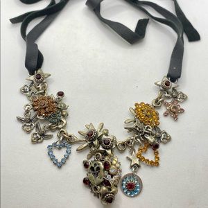 Rodrigo Otazu Angels Flower Charm Necklace Rhinestones Swarovski Leather Black